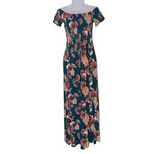 XHILARATION Women’s Dark Green Floral Off Shoulder Maxi Dress Slit and Pockets